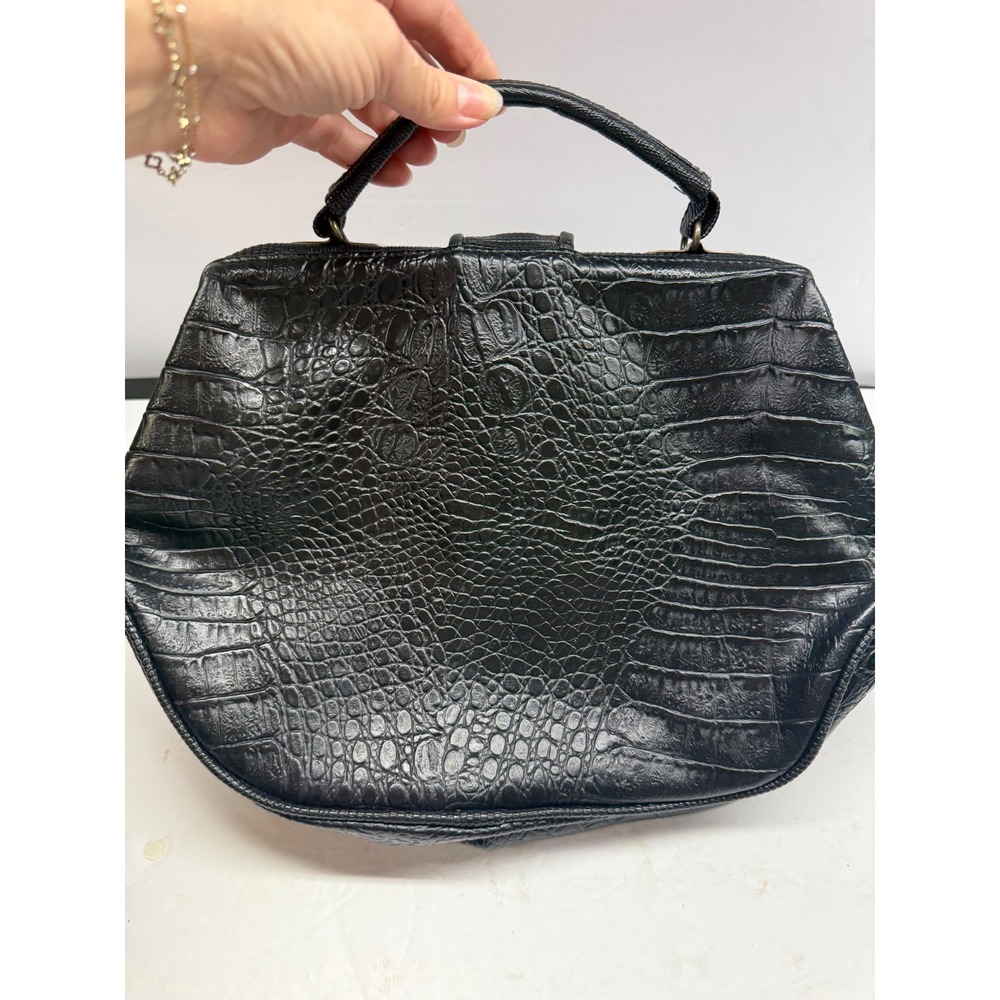 Vintage Black Embossed Patchwork Handbag Crocodile Ostrich Lizard Top Handle Bag - Picture 8 of 15